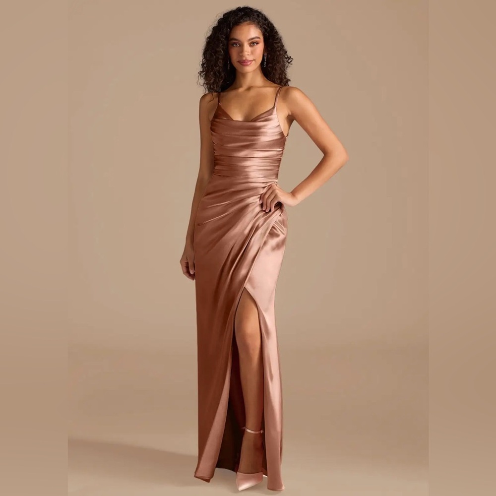 Azazie Deandra Bronzer Mermaid Pleated Metallic Satin Dress